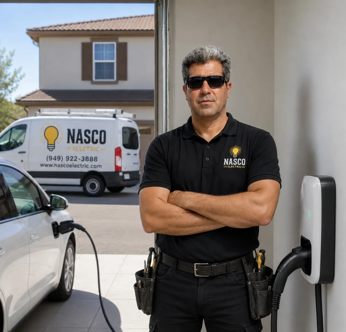 NASCO Electric technician beside a home EV charger and branded service van