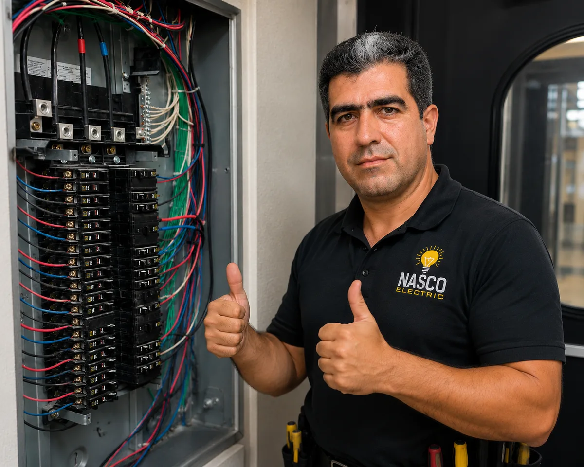 NASCO Electric technician beside an open electrical panel