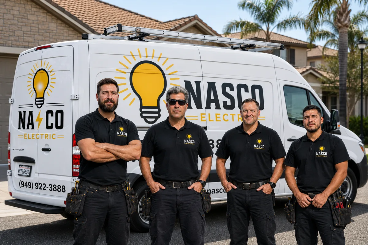 NASCO Electric team standing in front of a branded service van
