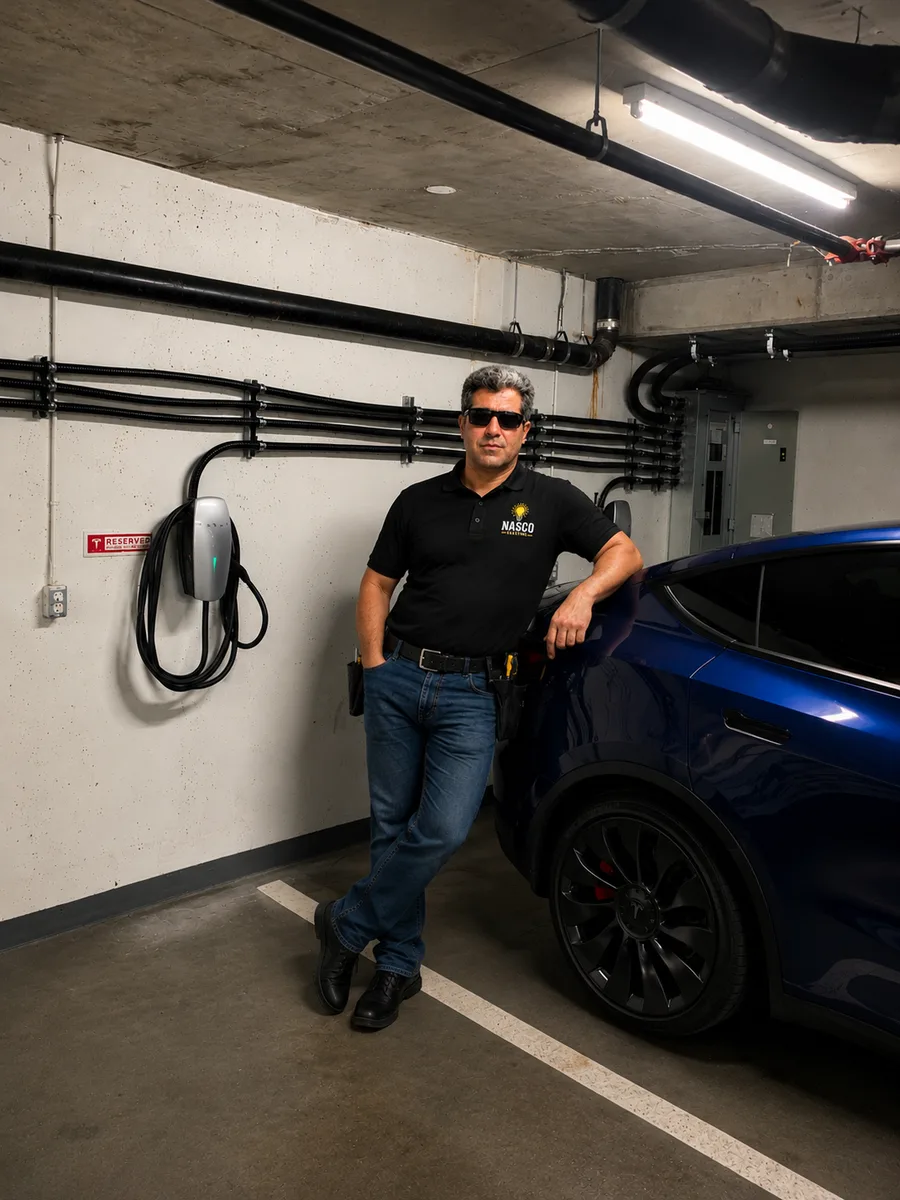 NASCO Electric technician beside a Tesla and wall-mounted EV charger