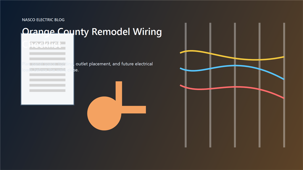 Orange County remodel wiring planning graphic with open wall studs and electrical panel